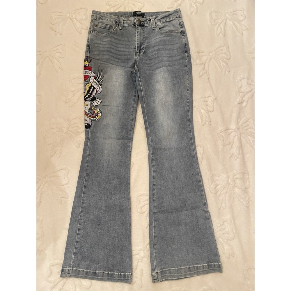 Ed Hardy Women's Eagle Slim Flare Denim Jeans Medium Vintage Wash Size 30
